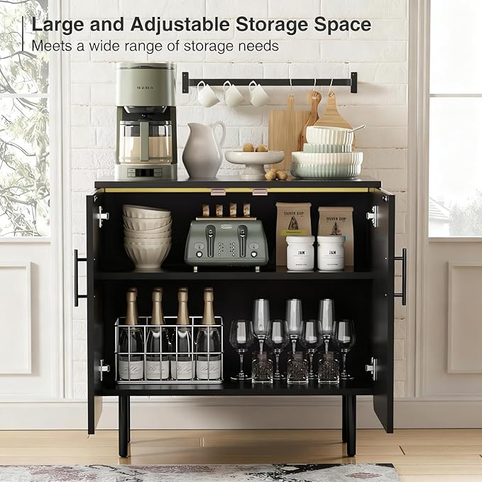 Set of 2 Fluted Black Storage Cabinets, Modern 2-Door Sideboard Buffet Cabinet with Adjustable Shelves and Metal Legs, Accent Cabinet for Kitchen, Living Room, Entryway (Black)