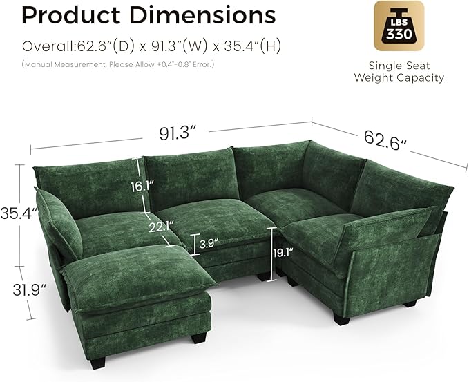 KKL Modular Sectional Sofa, J-Shaped 5 Seater Convertible L-Shaped Cloud Couch with Ottoman, Chenille Modern Sectional Couches for Living Room, Apartment Green