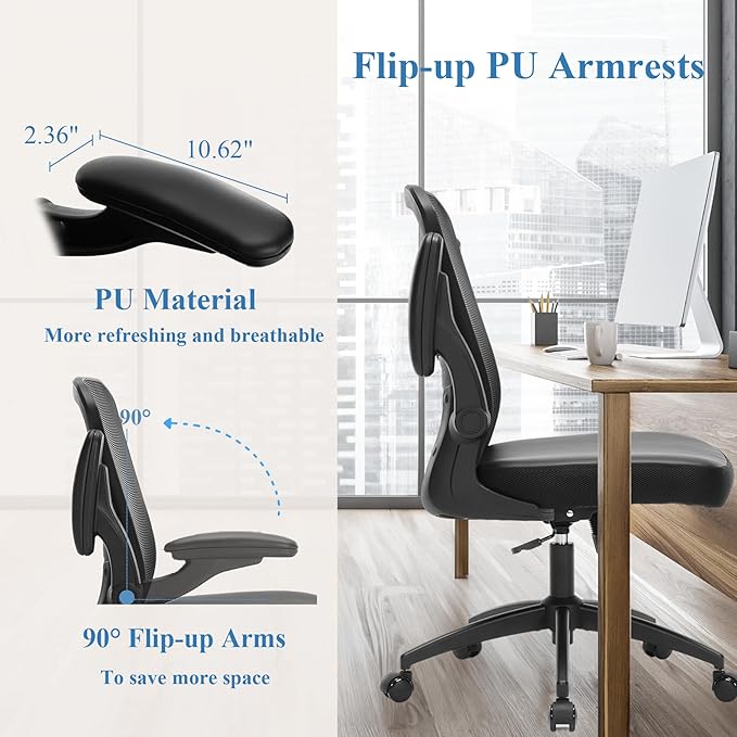 Ergonomic Office Chair 400lbs PU Leather Mesh Desk Chair with Lumbar Support, Flip-Up Arms, Swivel Wheels, Adjustable Height, Rolling Executive Computer Task Chair for Home Office,Black