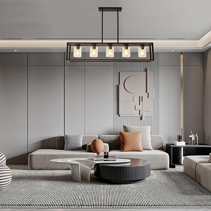 Farmhouse Dining Room Light Fixture Kitchen Island Pendant Lighting Rectangle Black Dining Room Lighting Fixture Modern Pendant Contemporary Chandeliers with Glass Shade Adjustable