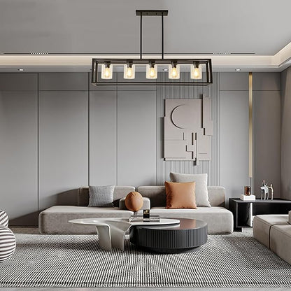 Farmhouse Dining Room Light Fixture Kitchen Island Pendant Lighting Rectangle Black Dining Room Lighting Fixture Modern Pendant Contemporary Chandeliers with Glass Shade Adjustable