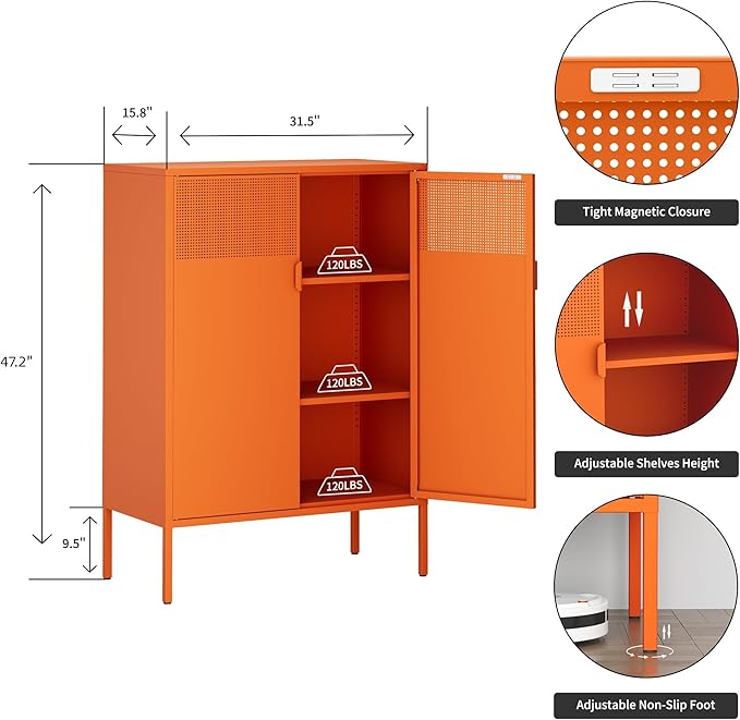 Orange 3 Tier Metal Storage Cabinet with Legs, 2 Door Metal Locker Style Accent Storage Cabinet with 2 Adjustable Shelves for Home, Office, Entryway and Hallway