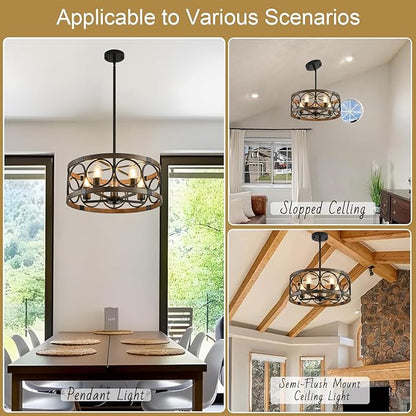 Flush Mount Ceiling Light Fixture Ceiling Mount,5 Light Black Farmhouse Chandelier 19.7" Rustic Farmhouse Chandelier Modern Pendant Light Fixtures for Kitchen Lighting Fixture