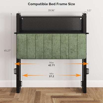VINGLI Twin or Twin XL Size Headboard, Adjustable Upholstered Headboard with 2 Tier Shelves and Pegboard with Charging Stations and LED Lights, Modern Bed Headboard with Storage for Bedroom Decor
