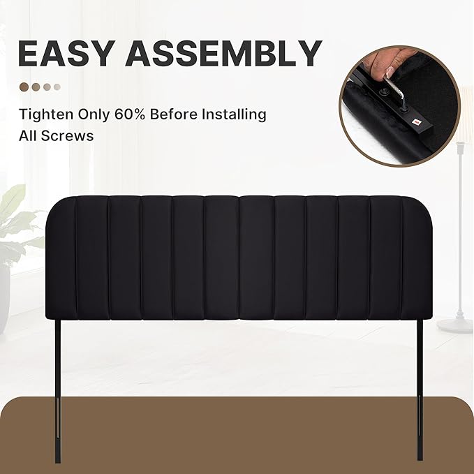 Upholstered Headboard - Striped Interval - Adjustable Height - Metal Legs - Bed Frame (Black, King (U.S. Standard))