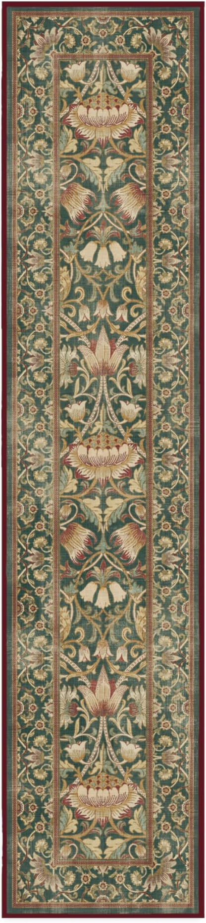 RUGGABLE x Morris & Co Machine Washable Christmas Runner Rug–Lodden Soft Evergreen & Gold 2.5x12, Stain-Resistant, Non-Slip–Washable Rug for Hallway, Entryway, Living Room & Kitchen–with Standard Pad