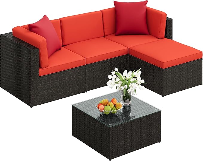 JUMMICO 5 Pieces Patio Furniture Set, Outdoor Sectional Sofa Conversation Sets, Couch Rattan Chair Wicker with Ottoman Cushion, Glass Tea Table and Pillows for Backyard Porch Garden Pool Balcony, Red