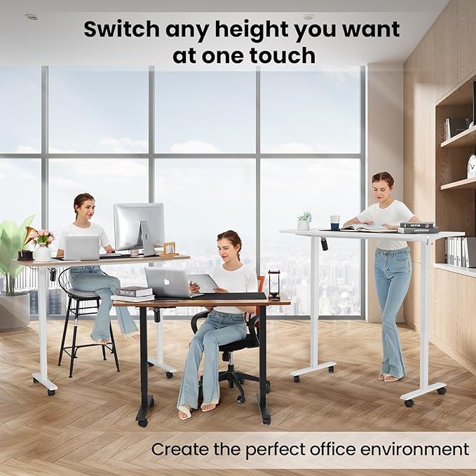 farexon Electric Standing Desk Adjustable Height, 55 x 24 Inch Sit Stand up Desk with Large Mouse Pad, Double Metal Hook,4 Wheels,4 Memory Preset Heights Home Office Computer Desk（Brown）
