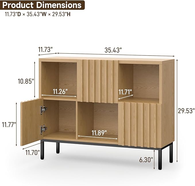 Vabches Fluted Short Bookcase, 6 Cube Storage Organizer with Doors, Modern 2-Tier Open Bookshelf for Home and Office, Wood Floor Standing Display Cabinet Rack, Natural