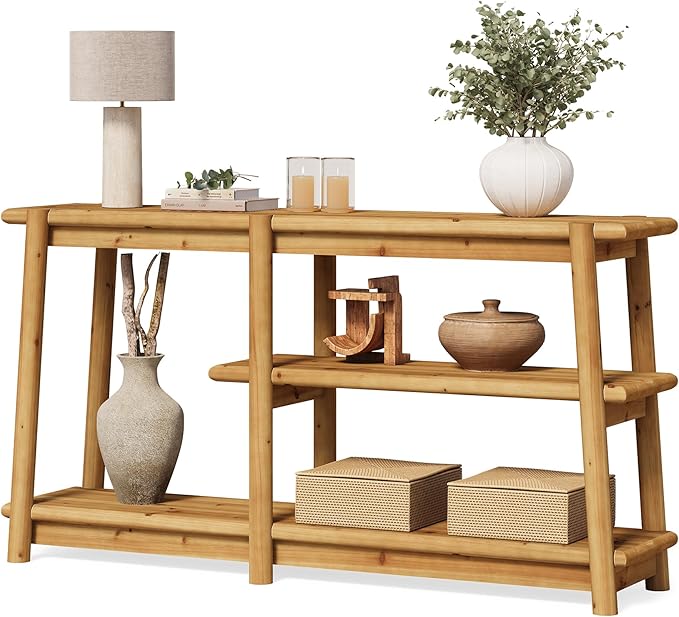 LITTLE TREE Solid Wood Console Table, 63-Inch Farmhouse Sofa Table Behind Couch, 3-Tier Entryway Table with Storage, for Living Room, Hallway in Warm Wood Color