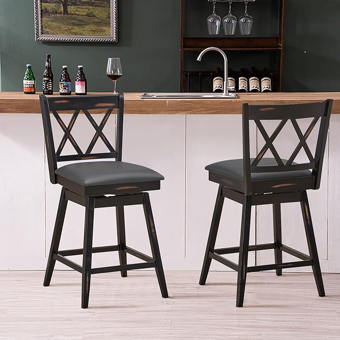 COSTWAY Bar Stool Set of 2, 360 ° Swivel Counter Height 25 inch Bar Stool with Foot Rest Upholstered Cushion & Ergonomic Backrest, Sturdy Frame, for Pub, Restaurant, Home (2, Black + Grey)