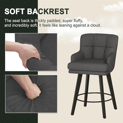 360°Swivel Counter Height Bar Stools with Back, 26 inch Solid Wood Legs, Bar Stool Modern Kitchen Island Chairs, Fabric (Black Grey- Fabric, 26" H- Set of 1)