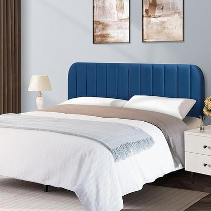 Upholstered Headboard - Striped Interval - Adjustable Height - Metal Legs - Bed Frame (Blue, Queen (U.S. Standard))