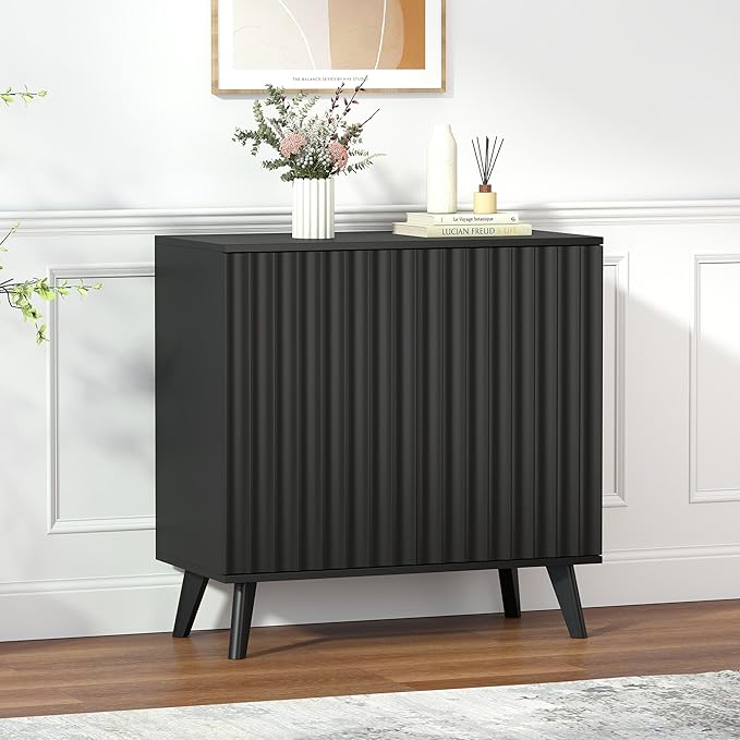 Fluted Sideboard Buffet Cabinet with 2 Doors, Modern Storage Cabinet with Adjustable Shelves, Wood Console Table for Kitchen Dining Living Room Entryway (Black)