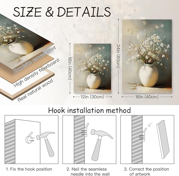 HLXRAE Framed White Floral Wall Art, Rustic Farmhouse Bathroom Wall Decor, Soft Neutral Wildflower Still Life Canvas Print, Minimalist Botanical Aesthetic Picture for Bedroom Laundry 12x16 Inch