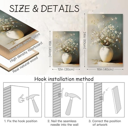HLXRAE Framed White Floral Wall Art, Rustic Farmhouse Bathroom Wall Decor, Soft Neutral Wildflower Still Life Canvas Print, Minimalist Botanical Aesthetic Picture for Bedroom Laundry 12x16 Inch
