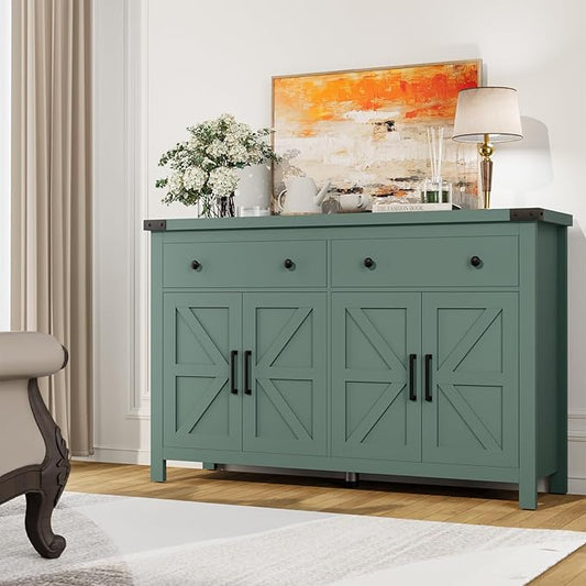 Buffet Cabinet with Storage Farmhouse with 4 Doors and 2 Drawers, 55'' Large Kitchen Storage Cabinet Green Wood Coffee Bar Buffet Sideboard for Kitchen, Dining Room, Living Room