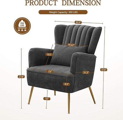 Living Room Chairs Chenille Accent Armchair with Lumbar Pillow&Gold Leg, 8.5" Thick Cushion, Mid Century Modern High Wingback Bedroom Chairs Upholstered Comfy Sofa Arm Chair, Grey