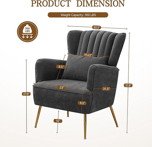 Fabric Accent Living Room Arm Chair Set of 2 Mid Century Modern Chairs with Pillow & Golden Legs, 8.5" Thick Cushion, Upholstered Comfy Sofa Armchair for Reading Room/Bedroom, Grey