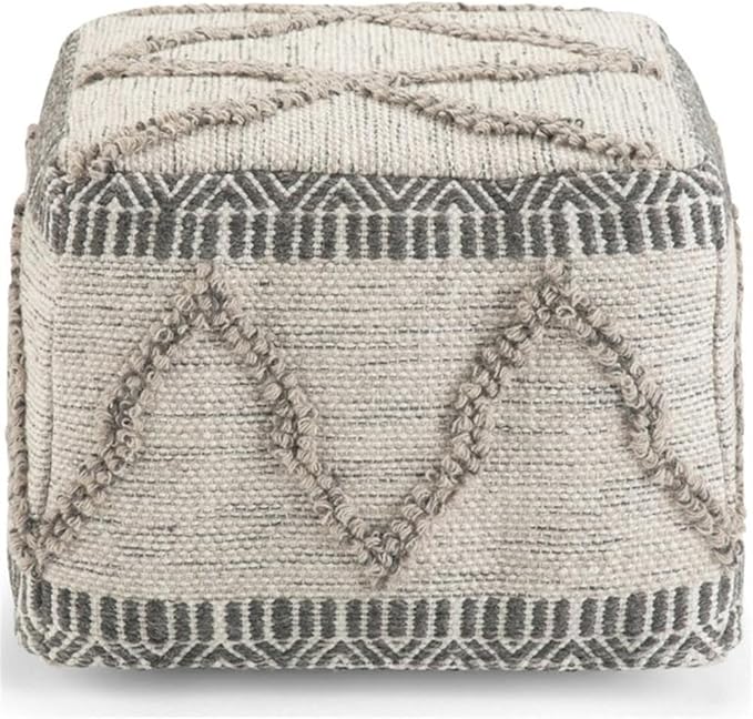 SIMPLIHOME Sweeney Boho Square Pouf in Grey, Natural Handloom Woven Pattern for the Living Room, Bedroom and Kids Room
