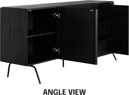 NTC Veil Large Sideboard with 2 Doors and 3 Drawers, Buffet Cabinet with Vertical Groove Design and Metal Legs, Storage Cabinet for Living Room, and Entryway, Effortless Assembly - Burnt Black