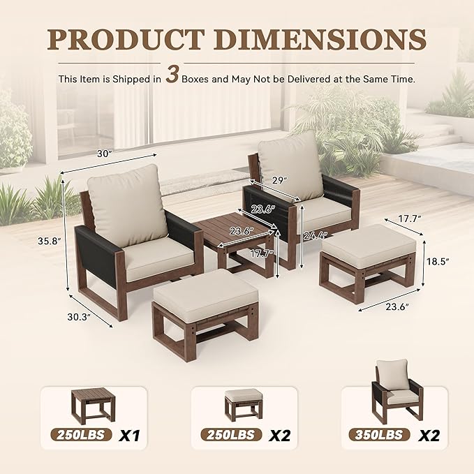 5 Piece Patio Bistro Chair Set with Ottoman, Wooden Outdoor Patio Furniture Set, Patio Wicker Chairs with Coffee Tables for Balcony Deck Backyard