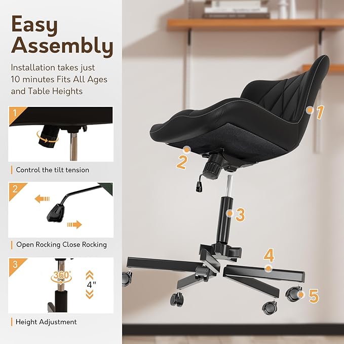Armless Desk Chair, Morden Home Office Chair no Arms, Adjustable Height & Rocking Computer Chair, PU Leather Vanity Chair, Ergonomic Seat Soft Padded Desk Chairs for Home Small Space, Black