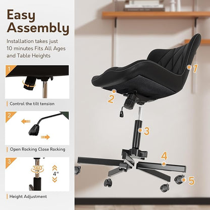 Armless Desk Chair, Morden Home Office Chair no Arms, Adjustable Height & Rocking Computer Chair, PU Leather Vanity Chair, Ergonomic Seat Soft Padded Desk Chairs for Home Small Space, Black