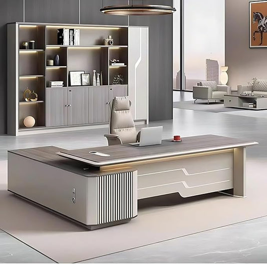 94IN Executive Office Desk - Large Office Desk L Shaped Computer Desk with 2 Drawers & Grille Design | Thickened Countertop & Large Capacity Side Cabinet Storage & Metal Cabinet Handle