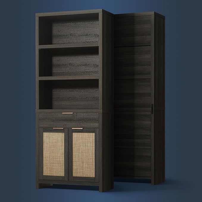 Hampstead Bookcase, Rattan Bookcase with Doors Cabinet and Drawer, 5-Tier Bookshelf, Large Wooden Book Case, Tall Bookshelves for Library Living Room (Midnight Oak, 1 Piece)