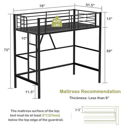 VECELO Metal Loft Bed Twin Size, Heavy Duty Bedframe with Removable Ladder and Safety Guardrail, Space-Saving, Noise Free, No Box Spring Needed, Black