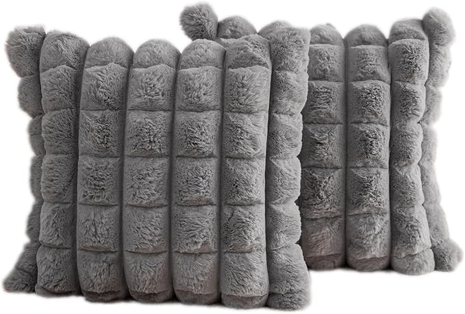 Neelvin Grey Faux Fur Cozy Soft Plaid Decorative Throw Pillow Covers 22x22 inch Set of 2,Velvet Pillowcase Cushion Case for Sofa Couch
