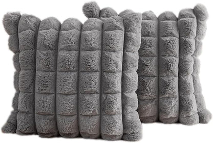 Neelvin Grey Faux Fur Cozy Soft Plaid Decorative Throw Pillow Covers 22x22 inch Set of 2,Velvet Pillowcase Cushion Case for Sofa Couch