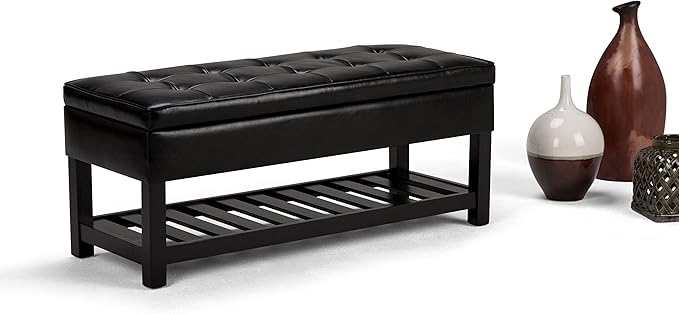 SIMPLIHOME Cosmopolitan 44 inch Wide Transitional Rectangle Storage Ottoman Bench with Open Bottom in Midnight Black Vegan Faux Leather, Assembled for the Living Room and Bedroom