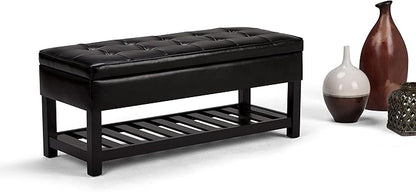 SIMPLIHOME Cosmopolitan 44 inch Wide Transitional Rectangle Storage Ottoman Bench with Open Bottom in Midnight Black Vegan Faux Leather, Assembled for the Living Room and Bedroom