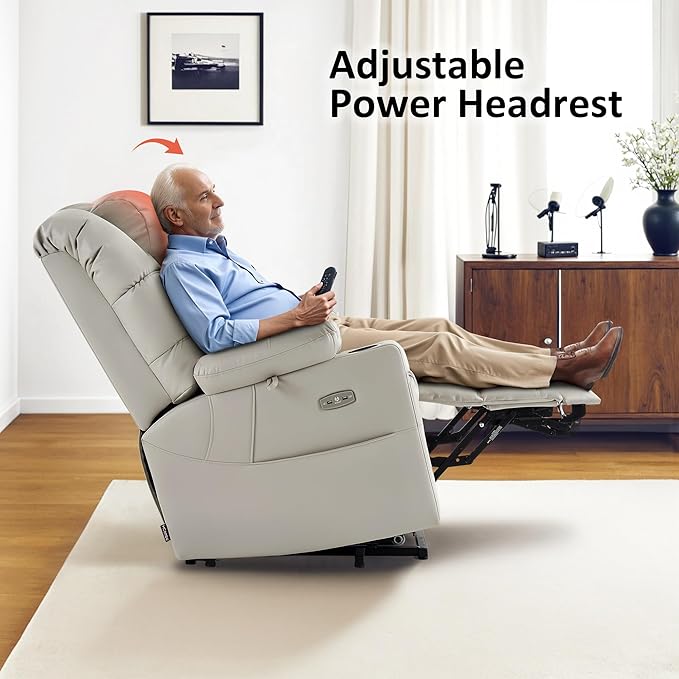 MCombo Large Triple Motor Power Lift Recliner Chair with Massage and Dual Heating, Adjustable Headrest for Tall Elderly People, Faux Leather 7634 (Light Grey, Large)