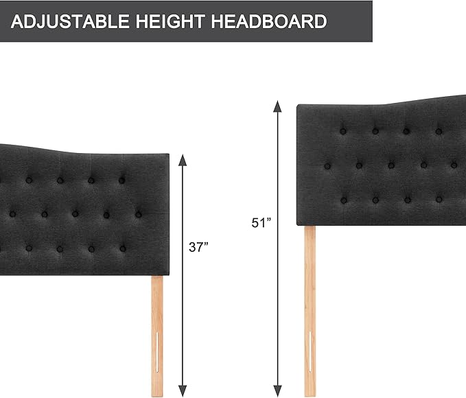 Tufted Upholstered Headboard Queen Size, Sturdy and Durable Solid Wood Bed headboard, Fabric Headboard Adjustable Height from 37” to 51”, Modern Button Diamond Design Head Board, Black