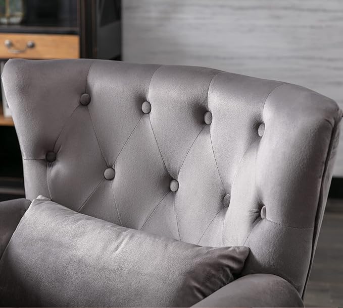 Mid Century Modern Accent Chair Upholstered Armchair Comfy Velvet Fabric Single Sofa with Tufted Wingback for Small Spaces Bedroom Living Room, Grey