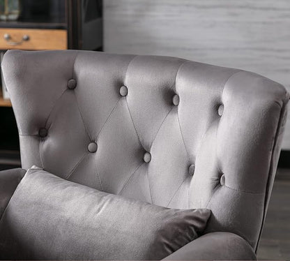 Mid Century Modern Accent Chair Upholstered Armchair Comfy Velvet Fabric Single Sofa with Tufted Wingback for Small Spaces Bedroom Living Room, Grey