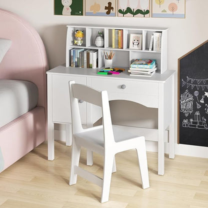 Costzon Kids Desk and Chair Set, Wooden Children Study Desk w/Hutch, Large Cabinet and Drawer for Home School Writing, Reading & Drawing, Computer Workstation Student Table and Chair for 3+ (White)