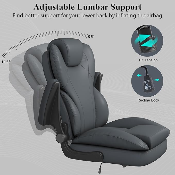 Office Desk Chair, Executive Leather Office Chair, High Back Ergonomic Home Desk Chair with Padded Flip-up Arms, Big and Tall Computer Chair with Rocking Function, 360°Swivel Free, Gray