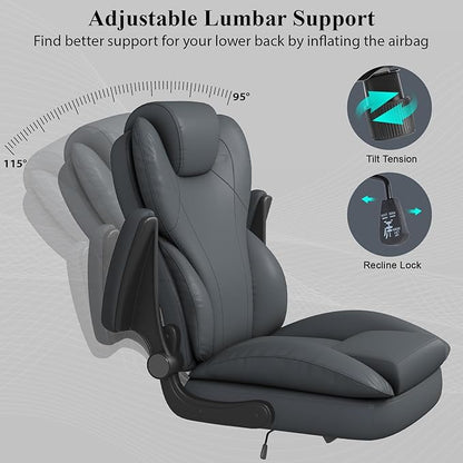 Office Desk Chair, Executive Leather Office Chair, High Back Ergonomic Home Desk Chair with Padded Flip-up Arms, Big and Tall Computer Chair with Rocking Function, 360°Swivel Free, Gray