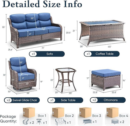 Belord Luxury 6" Thick Cushioned 7 Pieces Patio Furniture Set with Outdoor Couch, Wicker Outdoor Conversation Set with High Back Swivel Rocker Chairs for Deck Porch Yard and Poolside - Brown+Blue
