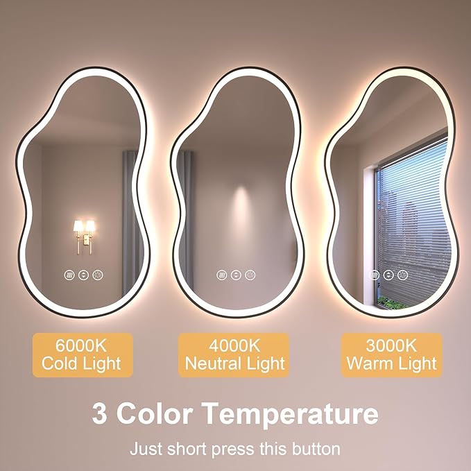 WTTY LED Irregular Bathroom Mirror 20x36 Inch with Front & Back Lights - Asymmetrical Design, Anti-Fog, Dimmable 3 Color Temperatures, Shatterproof Glass, Horizontal or Vertical Mount (Black Frame)