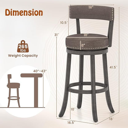 COSTWAY Bar Stools Set of 2, Upholstered Farmhouse Bar stools with Cushioned Seat & Backrest, Solid Wood Legs, Footrest, 31” Bar Height Swivel Stools for Kitchen Island, Pub (2, 31'' Seat Height)