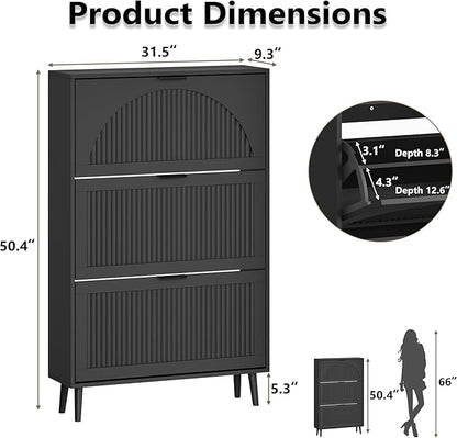 Shoe Cabinet for Entryway with 3 Flip Drawers, Slim Wooden Shoe Storage Organizer with Modern Fluted Pannel，Freestanding Narrow Hidden Shoe Rack for Hallway, Foyer, Living Room