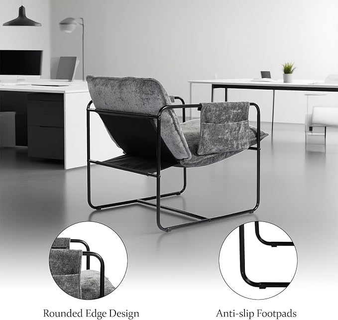 Modern Accent Chair Comfortable Living Room Chairs with Armrests, Bedroom Reading Chair, Chenille Upholstered Lounge Metal Chair