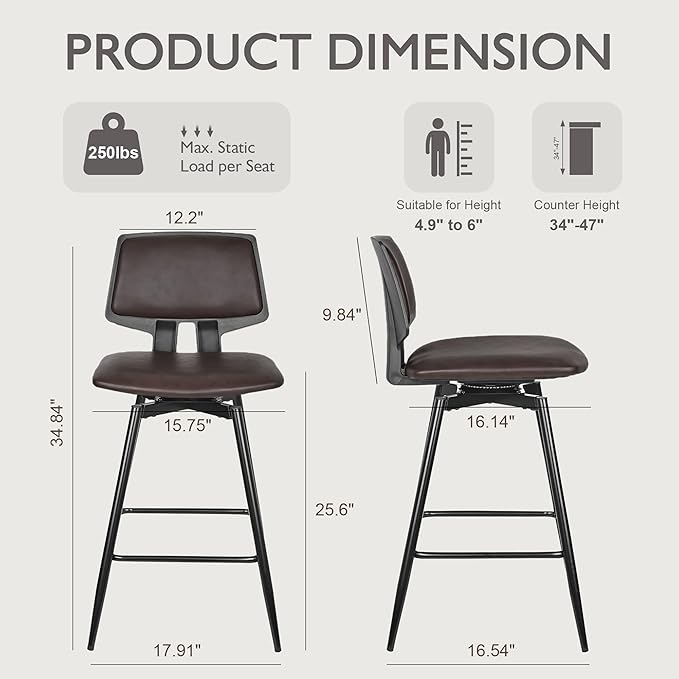 VECELO Swivel Leather Bar Stools Set of 2, Counter Height Barstools with Back, Metal Legs, 35.2-Inch Tall Barstools for Kitchen Island, Home Bar, Cafe, Brown