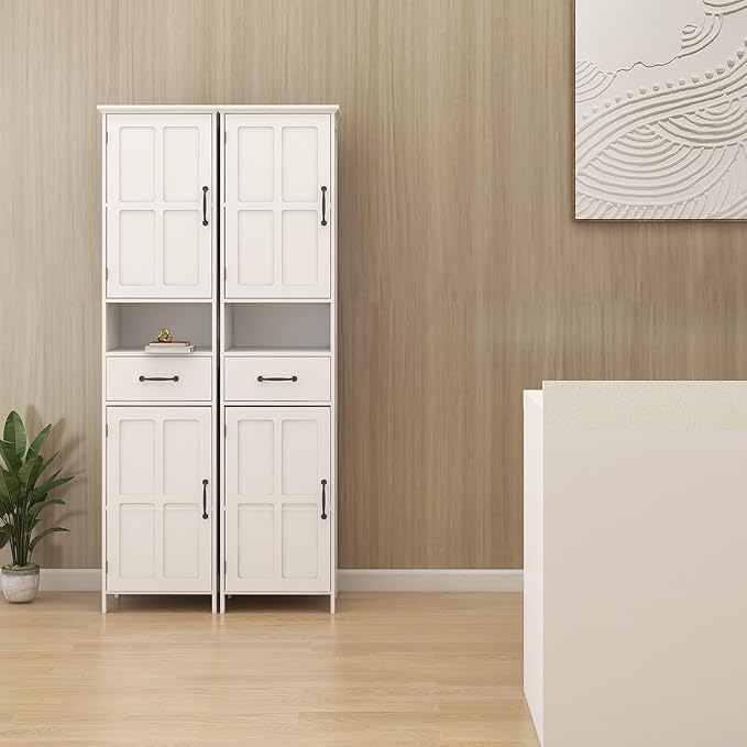 Tall Bathroom Storage Cabinet, White Bathroom Cabinets Freestanding, Narrow Storage Cabinet w/Adjustable Shelves for Home, Kitchen, Versatile, Anti-Tipping