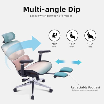 Ergonomic Home Office Desk Chair with Massage Lumbar Support，4D Headrest & 5D Armrests, Reclining Big and Tall 400LBS Mesh Chair with Footrest，Adjustable Back High and Seat Depth (Black Rainbow)